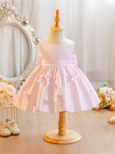 Glamorique Kids 女婴缎面无袖连衣裙，后背蝴蝶结设计，裙摆饰有蝴蝶结，优雅花童礼服，适合婚礼、生日、派对、度假等场合，可爱公主裙