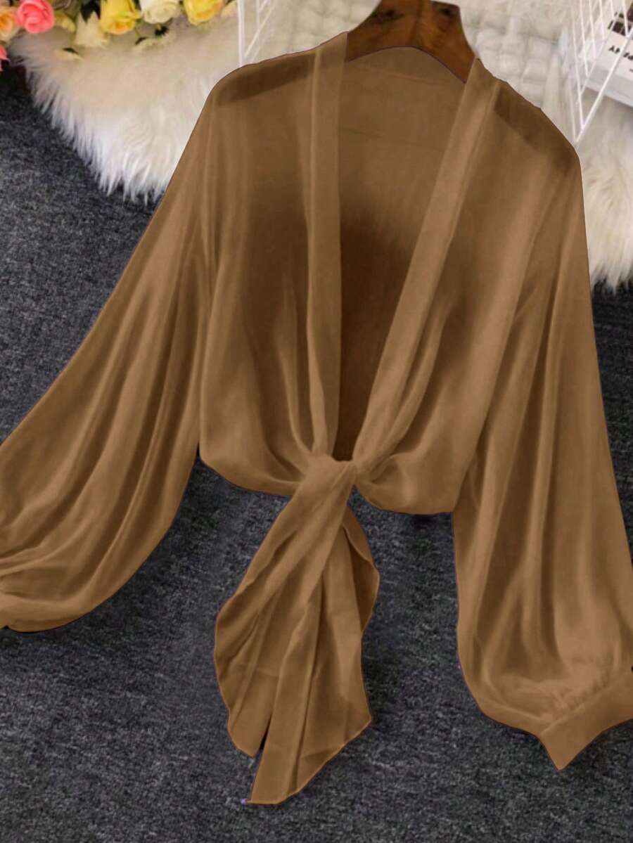 Linhara Plus Size Women Solid Color Lantern Sleeve Tie Waist Blouse - Brown - View 1