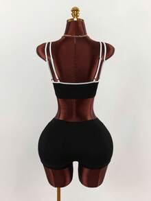 Amplova Women's Contrast Trim Scoop Neck Tank Top And Letter Print Tight Shorts 2 Pieces Set - Black - View 2