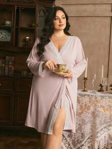 Côtesoire Plus Size Lace Patchwork Long Cardigan Robe, Soft Pink Casual Ladies Sleepwear - Multicolor - View 1