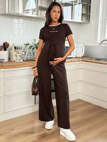 SHEIN Bộ đồ bầu 2 món gồm áo thun ngắn tay và quần dài thêu chữ, thích hợp cho mùa hè. - màu nâu - Xem 9