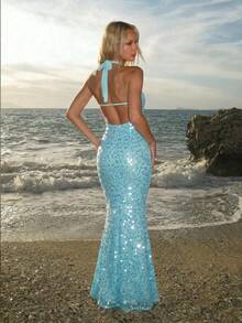 SHEIN ICON Vestido sin espalda con decoración de conchas y cuentas de lentejuelas, para playa y vacaciones - Azul - Ver 1