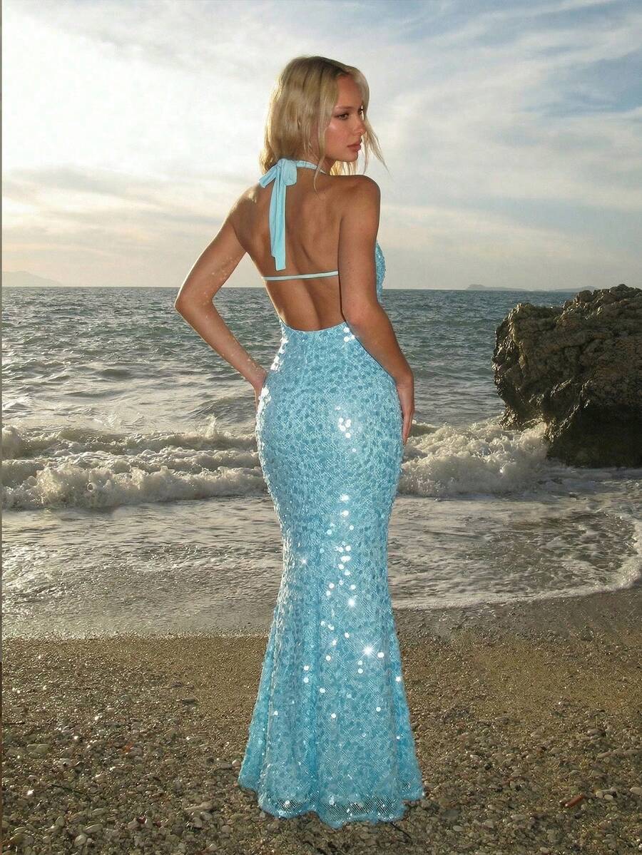SHEIN ICON Vestido sin espalda con decoración de conchas y cuentas de lentejuelas, para playa y vacaciones - Azul - Ver 1