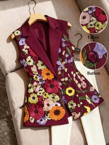 GlowEve CURVE Áo blazer không tay thêu họa tiết thanh lịch cỡ lớn dành cho nữ - Màu Đỏ Sâu - Xem 1