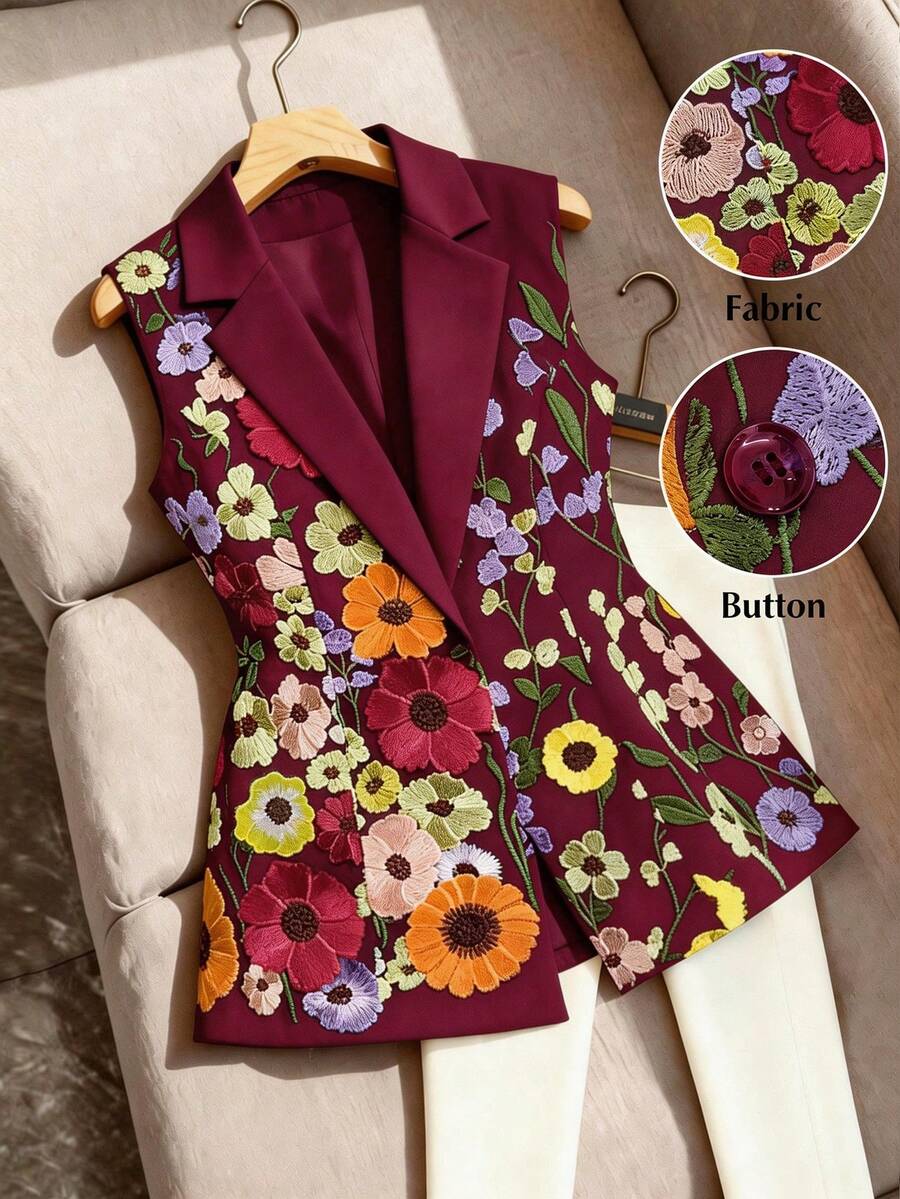 GlowEve CURVE Áo blazer không tay thêu họa tiết thanh lịch cỡ lớn dành cho nữ - Màu Đỏ Sâu - Xem 1