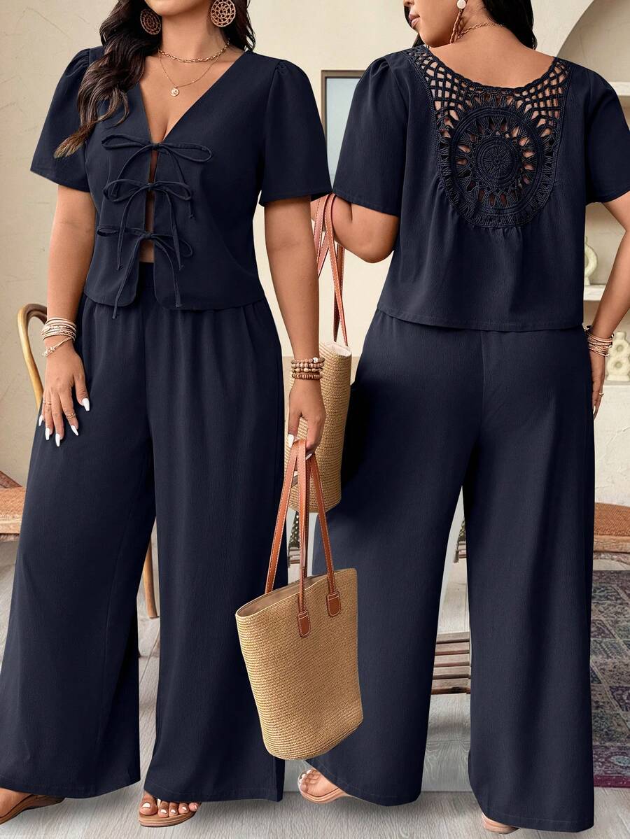 Plus Size Women's Casual Vacation Style Front Knot Back Patchwork Crochet Short Sleeve Top And Wide Leg Pants 2 Piece Set, Spring/Summer/Autumn - Navy Blue - View 1