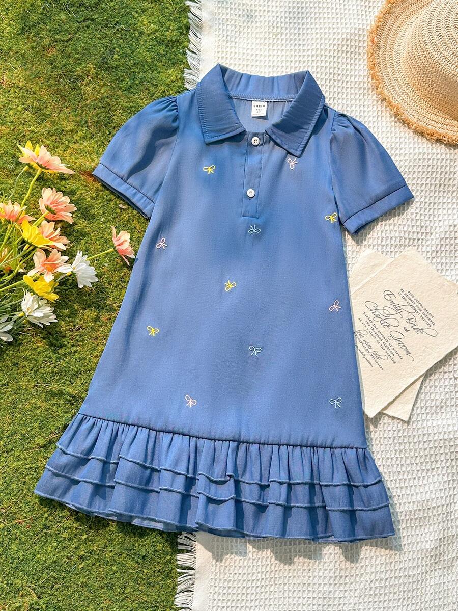 SHEIN Vintaside Kids 女童粉色 Polo 领彩虹印花荷叶边下摆休闲短袖连衣裙 - 藍色 - 查看 1