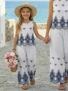 Tween Girl Floral Hollow-Out Embroidery Round Neck Camisole And Wide-Leg Pants Casual Suit - Black and White - View 4