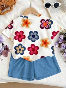 2件套，适合4-7岁女童，彩色碎花短袖T恤+碎花短裤，轻薄透气，休闲百搭，适合春夏日常穿着。 - 彩色 - 查看 2