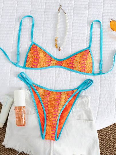 Swim Vcay Women's Sexy Contrast Color Low-Cut Spaghetti Strap Bikini Set, Suitable For Beach & Holiday