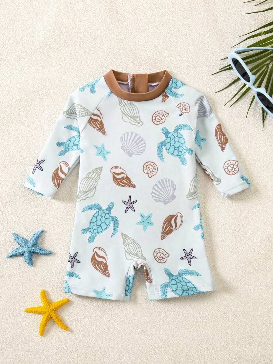 Traje de baño de verano casual para recién nacidos con estampado de palmera, de manga larga y pantalón corto con sombrero de sol, adecuado para usar en primavera y verano en casa, salidas, viajes, vacaciones, playa y fiestas en la piscina. - Azul - Ver 1