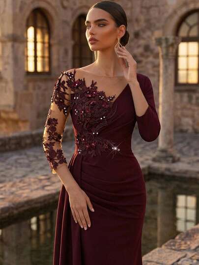 Aureia Elegante y lujoso vestido de punto elástico con mangas de malla con cuentas de perlas, volantes y bajo de sirena, adecuado para bodas, fiestas, vacaciones, despedidas de soltera, galas