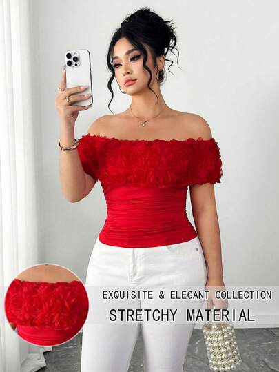 Elenzga Camiseta de mujer talla grande con elegante diseño de rosas rojas 3D en el hombro, adecuada para salidas del Día de San Valentín, fiestas en clubes, citas y combinar con otras prendas
