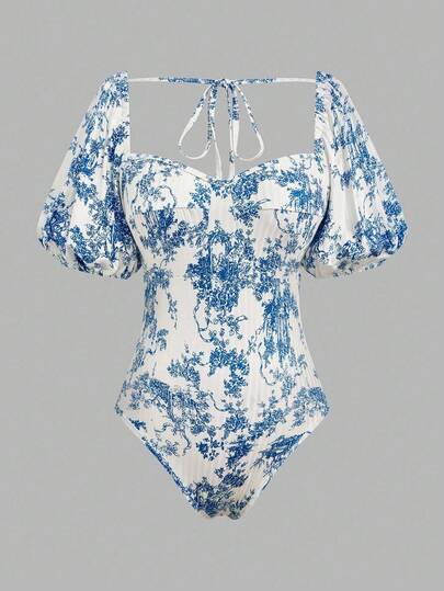 Sweetra بودي سويت ذو ياقة قلب مع ظهر مخطط وربطة على الكتف مقاس كبير