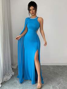 SHEIN Elenzya Women's Elegant Hollow Out Ruched Slit Flowy Dress Slit Dress Long Blue Dress One Shoulder Dress Elegant Occasion Dresses For Women Luxury Dresses For Women - Lake Blue - View 4