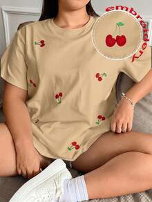 Solflare Cherry Embroidery Khaki Casual Plus Size Short Sleeve T-Shirt - Khaki - View 1