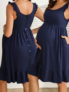 GentleRue Maternity 舒适纯色无袖短款哺乳连衣裙，适合孕期穿着，哺乳友好型连衣裙，妈妈连衣裙，产后连衣裙，荷叶边袖连衣裙，纽扣连衣裙，产后女士连衣裙，纽扣连衣裙，荷叶边吊带连衣裙，女士无袖连衣裙，女士连体连衣裙 - 藏蓝色 - 查看 9