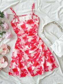 少女休闲红白碎花网纱吊带连衣裙，适合度假/假日、复古/海滩/海边/优雅场合，可爱碎花扎染迷你连衣裙，细肩带A字廓形，适合度假、派对、复活节、狂欢节、海滩、邮轮、下午茶等场合，时尚夏日连衣裙，波西米亚风服装 - 紅色 - 查看 2