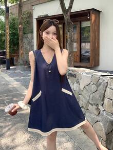 DAZY 女士V领休闲水洗牛仔连衣裙 - 藍色 - 查看 6