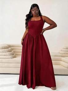 CurvyTilda Plus Size Women's Elegant Elegant Simple Solid Color Square Neck Waist Gathered Flared Hem Dress, Summer Party - Burgundy - View 3