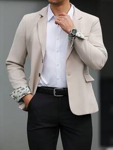 Manfinity Mode Men's Solid Color Notched Collar Single-Breasted Casual Versatile Commuting Office Long Sleeve Suit Jacket - Beige - View 4
