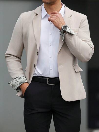 Manfinity Mode Veste de costume à col cranté, boutonnage simple, couleur unie, polyvalente pour le travail et les déplacements, manches longues pour homme