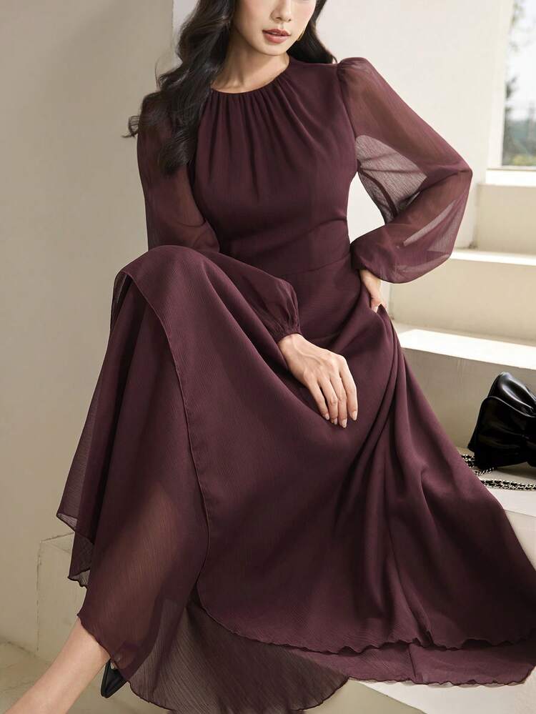 burgundy dress with long sleeves Heiryn Women's Sheer Sleeve Tiered Chiffon Maxi - Autumn, Sheer Sleeves, Elegant, Wedding Dining Guest, Holiday Party,Dresses For Women Wrap dress Size:11.5 US handmade wedding dress V Neck Gauze Tiered it provides flexibility and