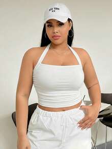 SHEIN EZwear 白色加大码女式吊带褶皱腰背心 - 白色 - 查看 5