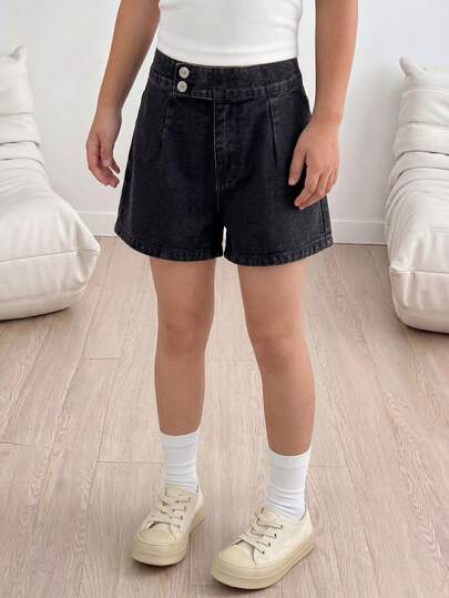 Quần short denim ống rộng màu đen, không co giãn, kiểu dáng retro Y2K dành cho bé gái, thiết kế cạp chun bất đối xứng, nhẹ nhàng, thích hợp mặc hàng ngày, mùa hè, lễ hội mùa xuân và đi biển.