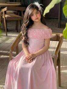 SHEIN 少女时尚优雅露肩短袖连衣裙 - 粉色 - 查看 7