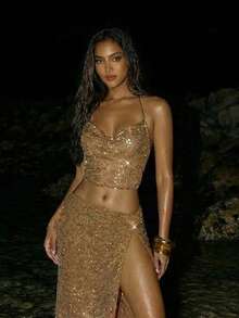 SHEIN ICON Áo thun nữ phong cách Y2K màu be, thích hợp cho kỳ nghỉ hè, đi biển, dự tiệc, Coachella, club, hippie, gợi cảm, đính sequin, khoét lưng, cổ yếm, chất liệu dệt kim, thích hợp cho mùa hè. - Màu Khaki - Xem 3
