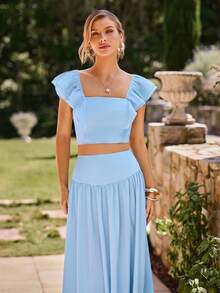 KARISMINA Women's Elegant Baby Blue 2-Piece Set, Summer Holiday Picnic Camisole Top & Voluminous Maxi Skirt,Ladies Wedding Guest Beach Vacation Outfits - Blue - View 6