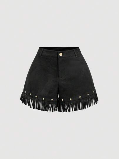 SHEIN MOD Damen Sommer Lässig Mode Nieten Dekor Quasten Saum Loose Shorts