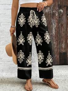 SHEIN VCAY Plus Size Geometric Print Drawstring Waist Pants, Suitable For Vacation - Multicolor - View 5