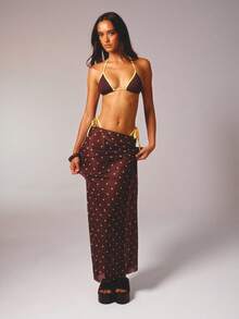 Aralina 3 Piece Shine Binding Bikini Summer Spring Swim Vacation Beach Triangle Spot Mesh Maxi Sexy Three Piece Set Chocolate - Brown - View 10