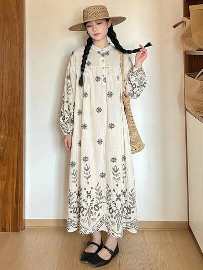 FRIFUL Women's Round Neck Embroidered Floral Decor Casual Dress, Spring/Summer