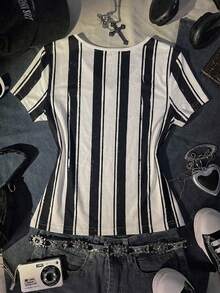 Glimmora Áo thun nữ tay ngắn cổ chữ V kẻ sọc, kiểu dáng thường ngày, thích hợp cho mùa hè. - Nhiều màu - Xem 2