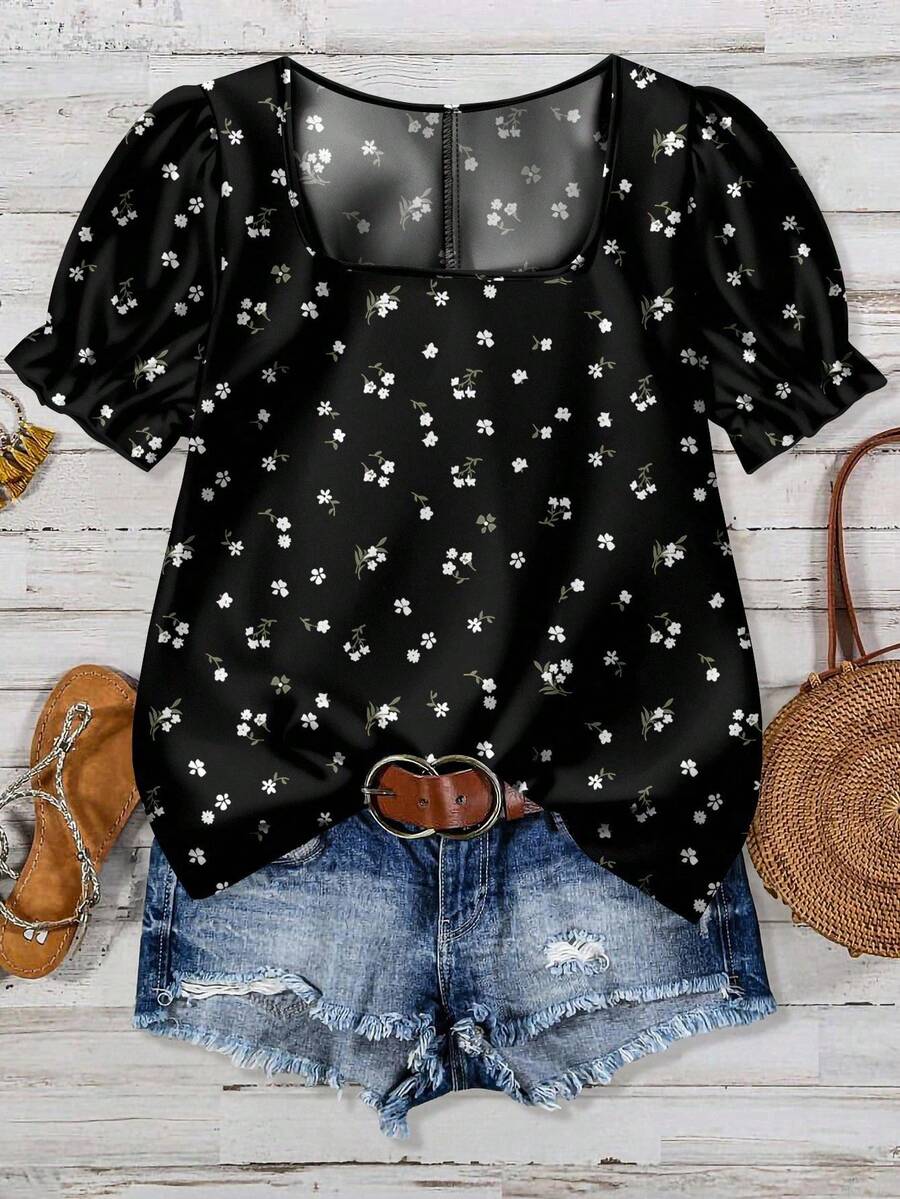 EMERY ROSE Áo sơ mi đen trơn họa tiết hoa cỡ lớn, thiết kế tối giản, phù hợp cho lễ hội âm nhạc mùa hè, kỳ nghỉ - màu đen - Xem 1