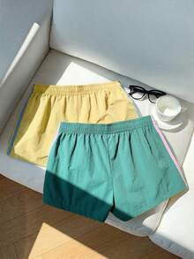 Comfortcana 2pcs Women's Summer Contrast Color Woven Shorts - Pale Yellow - View 2