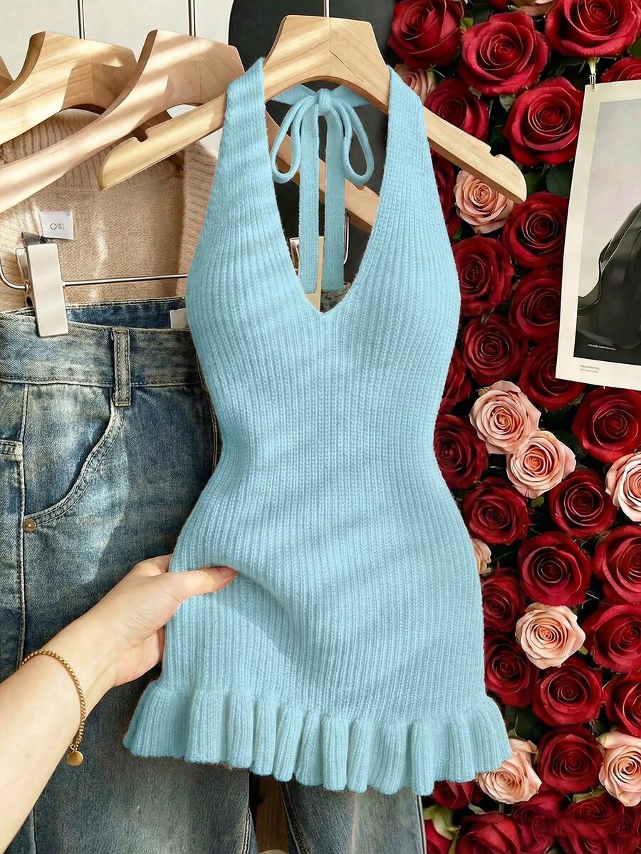 Franclia Early Spring New Romantic Valentine's Day Vibe V-Neck Halter Tie Waist Bodycon Dress With 3D Floral Pattern And Ruffle Hem, Backless - Baby Blue - View 1