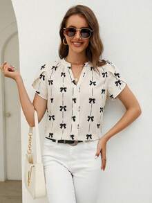 SHEIN Clasi Women's Casual Bow Print Cutout Neck Flare Sleeve Blouse, Summer - Apricot - View 3