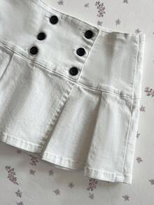 Elamini 时尚宽腰褶皱水洗百搭牛仔迷你裙 - 白色 - 查看 3