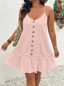 EMERY ROSE Women's Plus Size V-Neck Sleeveless Button Front Ruffle Hem Slip Dress,Dusty Pink,Summer,Boho,Beach Vacation,Holiday Spaghetti Strap Textured Mini - Orange - View 6