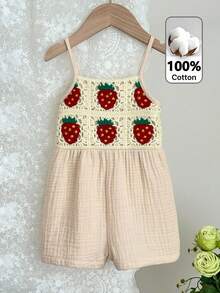 LMoss Kids Pelele de bebé niña con estampado de fresa en unicolor tejido - Albaricoque - Ver 3