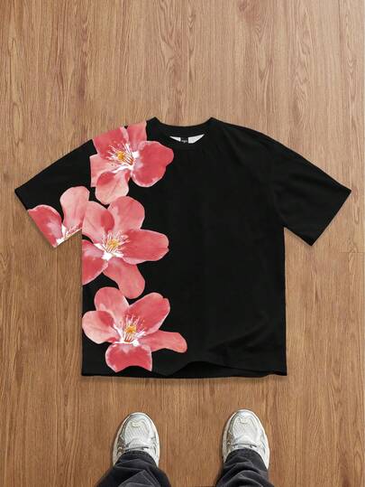 Manfinity Joysei Camiseta casual de cuello redondo de manga corta con estampado floral negro para hombre