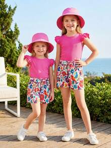 SHEIN 2pcs/Set Girls Cute Fashionable Double-Layer Cap Sleeve Ribbed Top And Floral Print Shorts Set - Hot Pink - View 3