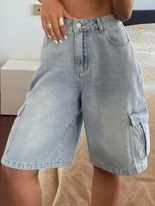 Livesso 女士工装口袋阔腿宽松休闲牛仔短裤 - 淺色水洗藍 - 查看 4