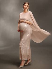 Cheriluna Maternity Sleeveless Round Neck Chiffon Shawl Fitted Sequin Maxi Dress With Double-Layer Fishtail Hem Design For Maternity Photography - Champagne - View 6