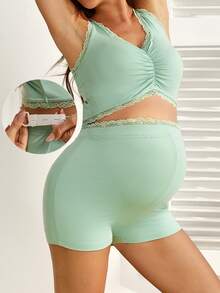 SHEIN 孕妇蕾丝边荷叶边上衣和可调节腰带短裤休闲运动套装 - 綠色 - 查看 1