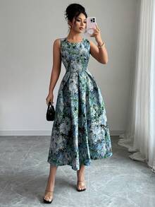 Vestido elegante de longitud media con cuello redondo sin mangas, plisado y estampado floral jacquard para mujer - Multicolor 3 - Ver 7